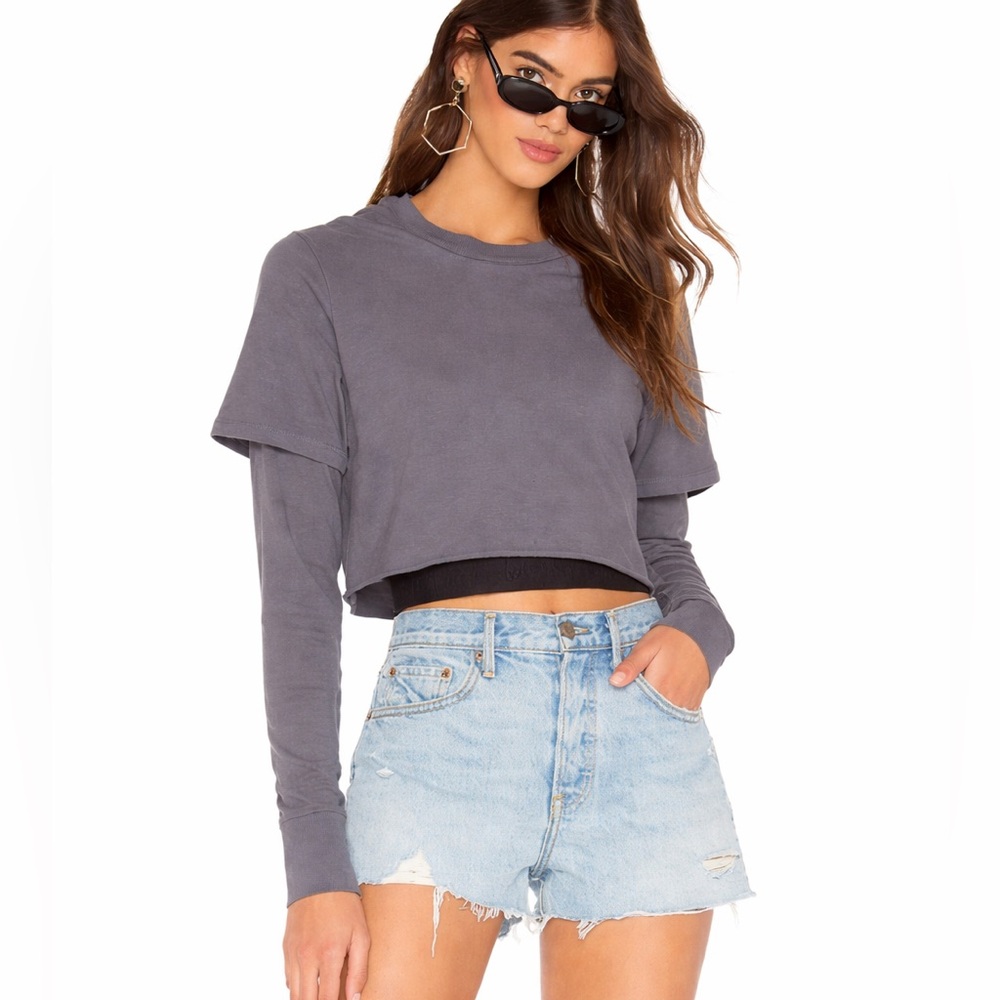 Monrow Slate Gray Double Layered Crop Long-Sleeve Tee Top with Logo Band